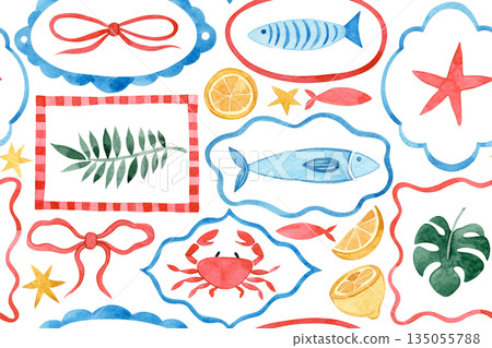Seamless watercolor Mediterranean pattern. Whimsical frames with lobster and crabs. Seamless watercolor Mediterranean pattern. Whimsical frames with lobster and crabs. 135055788