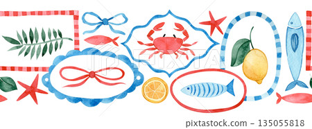 Seamless watercolor Mediterranean border. Whimsical frames with lobster and crabs. 135055818