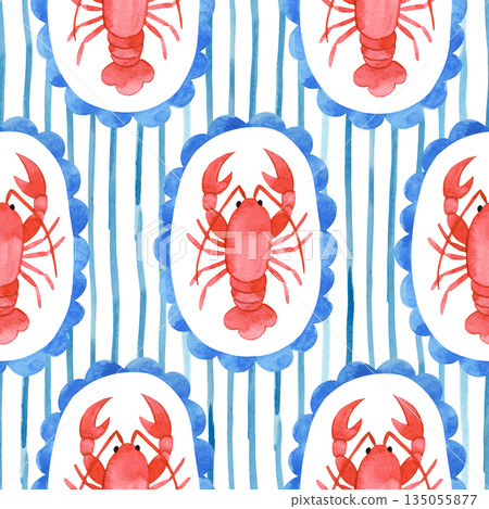 Seamless watercolor striped pattern. Mediterranean. Whimsical frames with lobsters 135055877