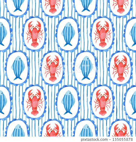 Seamless watercolor striped pattern. Mediterranean. Whimsical frames with lobster and crabs. 135055878