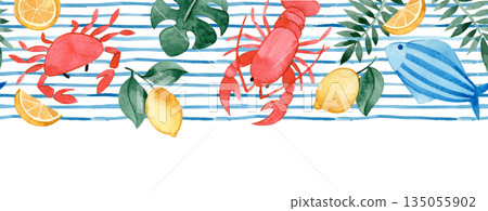 Seamless watercolor striped border. Mediterranean. Whimsical frames with lobster and crabs. 135055902