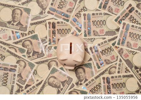 A pile of 10,000 yen bills and a piggy bank A pile of 10,000 yen bills and a piggy bank 135055956