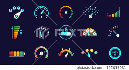 Car energy meters. Electric car battery ev charge meter, speed gauge measure fuel power level indicator scale neon dashboard dial futuristic dash panel, kicky vector illustration 135055981