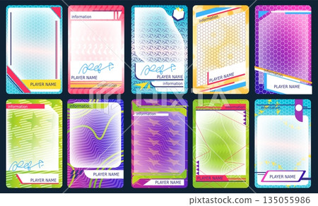 Sports trading card. Sport game cards, football basketball hockey players in frame template soccer player team badge design different athletes photo set classy vector illustration Sports trading card. Sport game cards, football basketball hockey players in frame template soccer player team badge design different athletes photo set classy vector illustration 135055986
