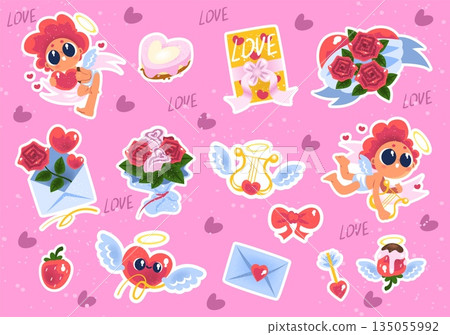 Cupid stickers. Valentine day sticker pack, cute baby angels love heart envelope rose flower bouquet romantic couple date dessert girly elements cartoon classy vector illustration 135055992