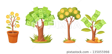 Cartoon money trees. Money tree with gold coins or dollar bill green paper currency, flower in pot investment concept money growth finance game ui icons, neat vector illustration 135055998
