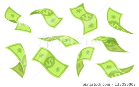 Cartoon falling dollars. Flying dollar bill, cash money rain air floating paper currency american bank notes green banknotes, finance bonus wealth concept neat vector illustration Cartoon falling dollars. Flying dollar bill, cash money rain air floating paper currency american bank notes green banknotes, finance bonus wealth concept neat vector illustration 135056002