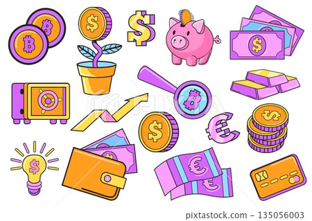 Retro finance stickers. Doodle money, gold coins y2k sticker euro crypto currency credit card piggy bank wallet safebox payment invest finance set, cartoon neat vector illustration Retro finance stickers. Doodle money, gold coins y2k sticker euro crypto currency credit card piggy bank wallet safebox payment invest finance set, cartoon neat vector illustration 135056003