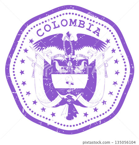 Colombia stamp with state seal or coat of arms, travel stamp, shabby postmark of Colombia, vector 135056104
