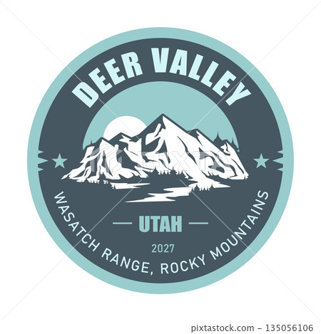 Deer Valley ski resort, Utah, Wasatch Range Mountains USA, emblem with snow-covered mountains, vector 135056106