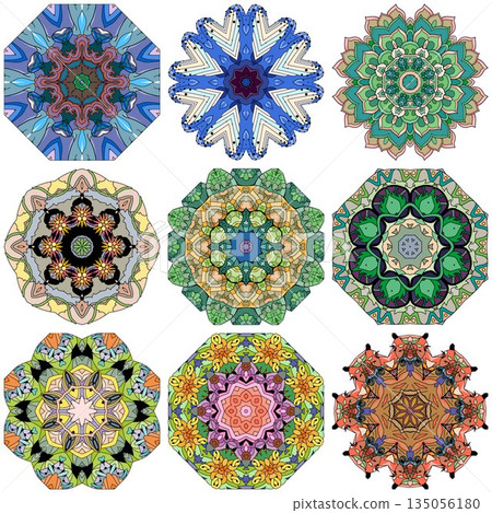 Set of colorful cute Mandalas. Decorative unusual round ornaments. Set of colorful cute Mandalas. Decorative unusual round ornaments. 135056180