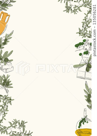 Olive illustration frame with hand drawn branches and Mediterranean food elements Olive illustration frame with hand drawn branches and Mediterranean food elements 135056281