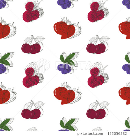 Seamless berry pattern with hand drawn fruits in modern botanical sketch style 135056282