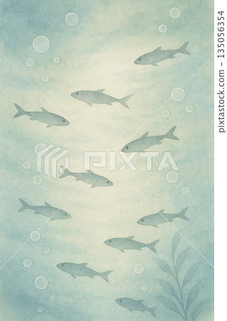 小魚系列：柔和的日式水彩背景，描繪了小魚在氣泡中游弋的景象。 135056354