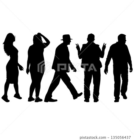 Collection of people silhouettes in various standing and walking poses, suitable for design, illustration, and creative projects 135056437
