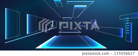 Digital art showing a futuristic corridor with glowing lines and shapes at night in a virtual space Digital art showing a futuristic corridor with glowing lines and shapes at night in a virtual space 135056627