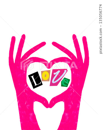 Bold mixed media artwork of pink hands forming heart shape with love letters Bold mixed media artwork of pink hands forming heart shape with love letters 135056774