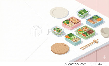 事先準備好的餐點、餐點準備、配菜都裝在保鮮盒裡，還有剩餘空間。 135056795