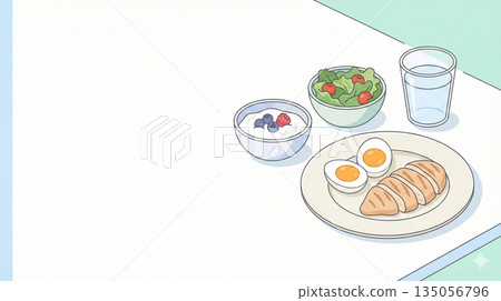 健康早餐：高蛋白菜單，包括雞蛋、雞胸肉和優格。 135056796