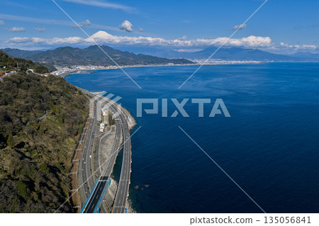 Mount Fuji and the coastline of Suruga Bay as seen from Sattata Pass Mount Fuji and the coastline of Suruga Bay as seen from Sattata Pass 135056841