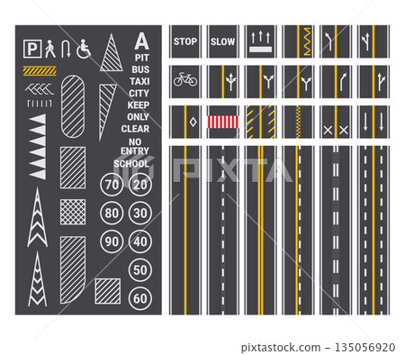 Road marking. Asphalt surface marks top view, city traffic street road markings highway lanes strip line crosswalk bus stop sign cartoon roadway mark kit kicky vector illustration Road marking. Asphalt surface marks top view, city traffic street road markings highway lanes strip line crosswalk bus stop sign cartoon roadway mark kit kicky vector illustration 135056920