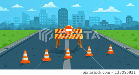 Cartoon closed road. Roadblock landscape, city safety traffic detour construction works signs highway repair cones street close block for cars, background kicky vector illustration Cartoon closed road. Roadblock landscape, city safety traffic detour construction works signs highway repair cones street close block for cars, background kicky vector illustration 135056921