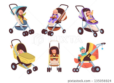 Children in pushchairs. Cartoon kids on baby stroller, comfort carriage kid travel pram cart, cute toddler boy girl seat child buggy strollers trolley classy vector illustration 135056924