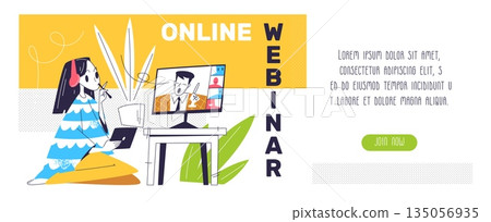 Online workshop concept. Virtual training, business seminar online school teacher and student professional course digital class couch elearning webinar, classy vector illustration 135056935