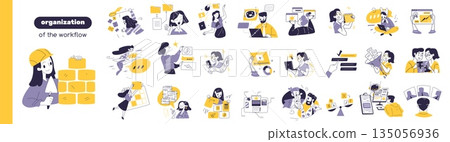 Office workflow organization. Productive employee time management concept, business professional work team leadership teamwork success workforce, outline classy vector illustration Office workflow organization. Productive employee time management concept, business professional work team leadership teamwork success workforce, outline classy vector illustration 135056936