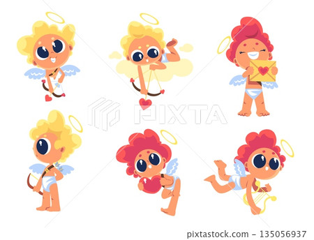 Cartoon cupid characters. Cupids cute baby angels characters, valentine day romantic love wedding mascot boy with heart arrow amor wings cherub on cloud, classy vector illustration Cartoon cupid characters. Cupids cute baby angels characters, valentine day romantic love wedding mascot boy with heart arrow amor wings cherub on cloud, classy vector illustration 135056937