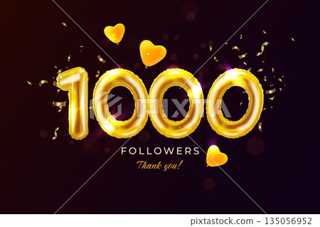 Followers balloons banner. 1k follower celebration poster, realistic balloon 1000 number social media achievement post festive decoration design template, exact vector illustration 135056952