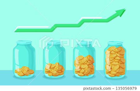Money jar. Glass jars filled gold coins, money cash savings business investment concept financial growth coin in bottle bank grow save stages, cartoon neat vector illustration 135056979