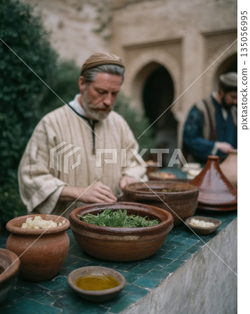 Moroccan man preparing authentic traditional tagine ingredients in clay pots, representing middle eastern culinary heritage and slow food culture 135056995