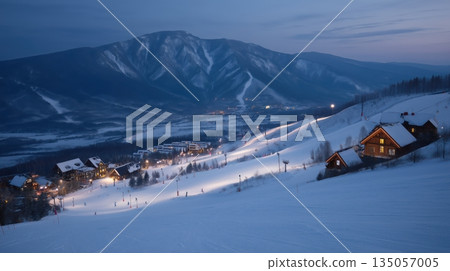 Ski resort village with illuminated slopes and snow covered cabins nestled in an alpine valley, offering winter sports and luxurious vacation accommodation 135057005