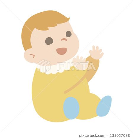 Illustration of a smiling baby facing right with arms outstretched 135057088
