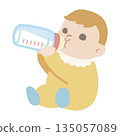 Illustration of a baby drinking milk facing left, breastfeeding scene 135057089