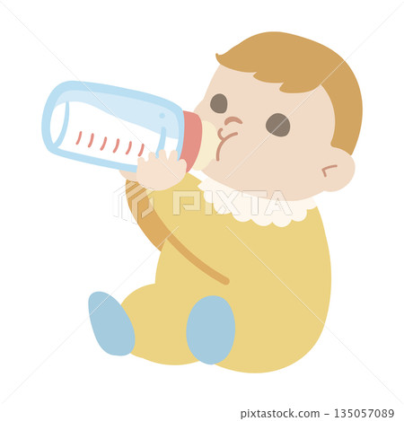 嬰兒面向左側喝奶的插圖，母乳哺育場景 135057089
