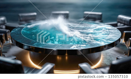 Futuristic round table with dynamic water surface, abstract concept of collaboration, innovation, and flow 135057310