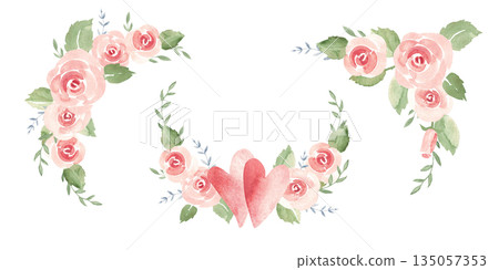 St. Valentine day or wedding set. Pink roses bouquets, garlands with hearts. Hand drawn watercolor illustration isolated on a white background. Design elements for shirt cards, posters and invitations St. Valentine day or wedding set. Pink roses bouquets, garlands with hearts. Hand drawn watercolor illustration isolated on a white background. Design elements for shirt cards, posters and invitations 135057353