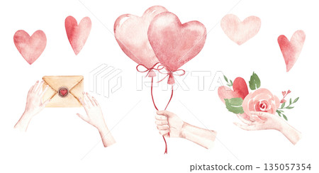 St. Valentine day, engagement compositions set with woman and man hands, with love letters, heart balloons, hearts and pink roses. Watercolor hand drawn illustration isolated on a white background St. Valentine day, engagement compositions set with woman and man hands, with love letters, heart balloons, hearts and pink roses. Watercolor hand drawn illustration isolated on a white background 135057354