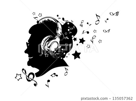 Grandmother's head silhouette listening to music on headphones . hand drawn. Not AI, Vector illustration 135057362