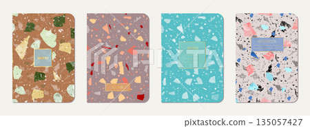 School diary cover design. Terrazzo abstract background made of natural stones, granite, quartz and marble. Venetian terrazzo texture school diary template. 135057427