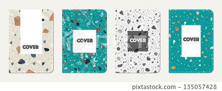 Brochure cover design. Terrazzo abstract background made of natural stones, granite, quartz and marble. Venetian terrazzo texture brochure template. 135057428