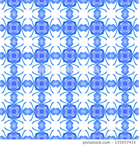 Ikat repeating swimwear design. Blue noteworthy boho chic summer design. Textile ready authentic print, swimwear fabric, wallpaper, wrapping. Watercolor ikat repeating tile border. Ikat repeating swimwear design. Blue noteworthy boho chic summer design. Textile ready authentic print, swimwear fabric, wallpaper, wrapping. Watercolor ikat repeating tile border. 135057433