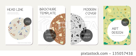 Brochure cover design. Terrazzo abstract background made of natural stones, granite, quartz and marble. Venetian terrazzo texture brochure template. Brochure cover design. Terrazzo abstract background made of natural stones, granite, quartz and marble. Venetian terrazzo texture brochure template. 135057438