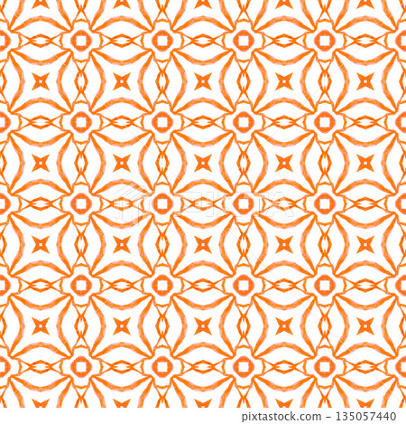 Textile ready dazzling print, swimwear fabric, wallpaper, wrapping. Orange radiant boho chic summer design. Oriental arabesque hand drawn border. Arabesque hand drawn design. 135057440