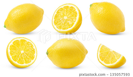 lemon with half and slice isolated on white background. Collection of lemons and halves. 135057593