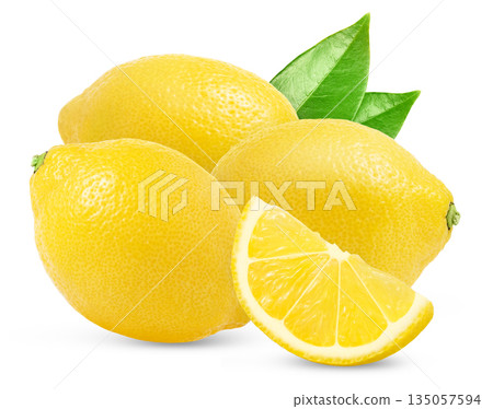 Lemon fruits with slice and green leaves isolated. Lemon and cut in a slice and green leaf. Lemon fruits with slice and green leaves isolated. Lemon and cut in a slice and green leaf. 135057594