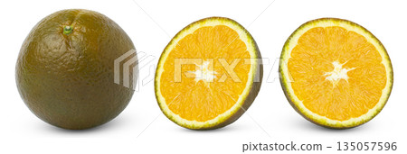 Whole chocolate orange fruit and two halves of chocolate orange isolated. Collection of chocolate orange fruits. Half of chocolate orange. 135057596