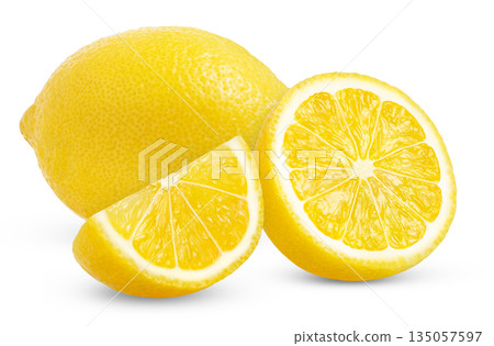 Ripe lemon, half of lemon fruit and cut in a slice isolated with clipping path. 135057597